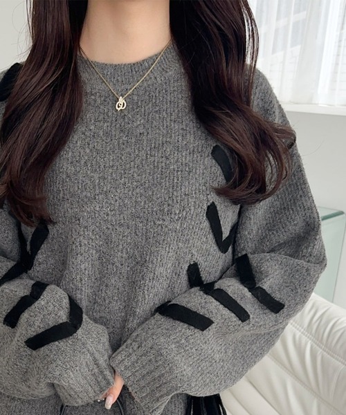 mily bilet(ミウィビレット)の「【mily bilet】リボンで魅せる大人ガーリー。リボンデザインミックスニットプルオーバー(ニット/セーター・レディース・チャコールグレー/ブラウン/アイボリー/モカ・X-LARGE/SMALL/MEDIUM/LARGE)」の14枚目の写真