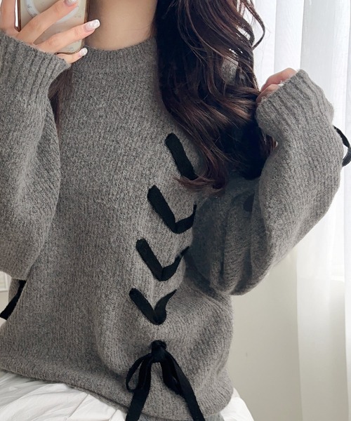 mily bilet(ミウィビレット)の「【mily bilet】リボンで魅せる大人ガーリー。リボンデザインミックスニットプルオーバー(ニット/セーター・レディース・チャコールグレー/ブラウン/アイボリー/モカ・X-LARGE/SMALL/MEDIUM/LARGE)」の5枚目の写真