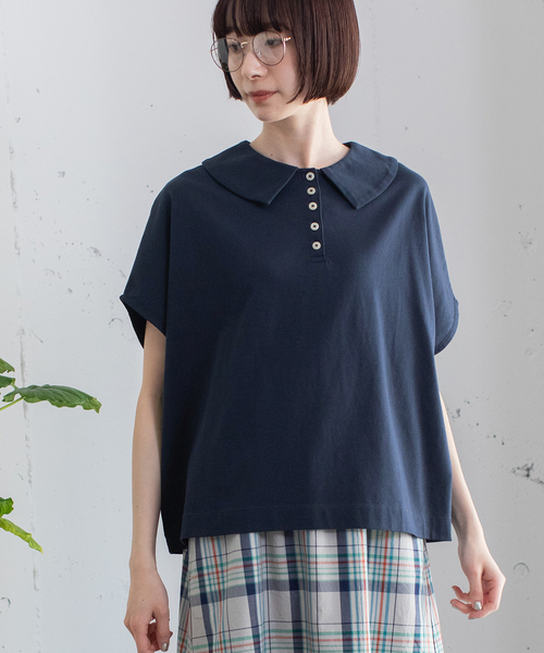 美品✨PLEATSPLEASE 半袖　カットソー　グレー　ボタン　襟 セール】並びボタン衿付きトップス（Tシャツ/カットソー）｜POU