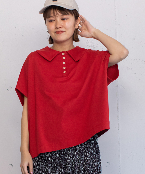 POU DOU DOU(プードゥドゥ)の「並びボタン衿付きトップス(Tシャツ/カットソー・レディース・レッド/オフホワイト/ネイビー/ブラウン・M)」の4枚目の写真