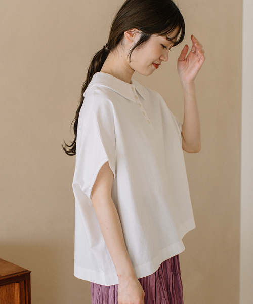 POU DOU DOU(プードゥドゥ)の「並びボタン衿付きトップス(Tシャツ/カットソー・レディース・レッド/オフホワイト/ネイビー/ブラウン・M)」の20枚目の写真