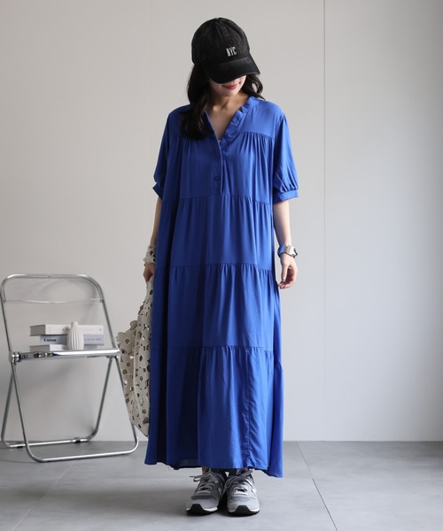 bonjourdialy ワンピース Alotta 線画タッチ花柄ギャザー切替ワンピース -ファッション
