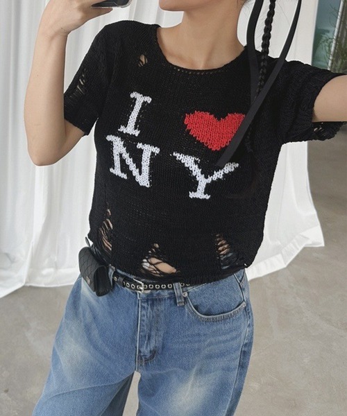 セール】I LOVE NY クラッシュニットトップス（ニット/セーター