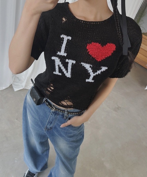 セール】I LOVE NY クラッシュニットトップス（ニット/セーター
