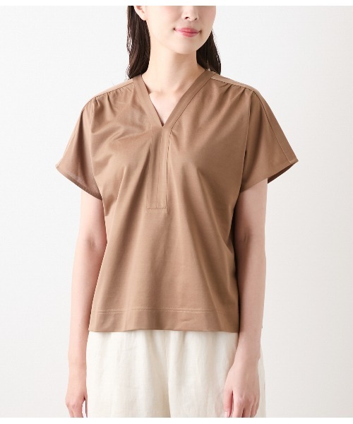 NEWYORKER(ニューヨーカー)の「【接触冷感】ハイツイストツイル Vネック半袖プルオーバー(Tシャツ/カットソー・レディース・ベージュ系その他/ネイビー・M/L)」の5枚目の写真