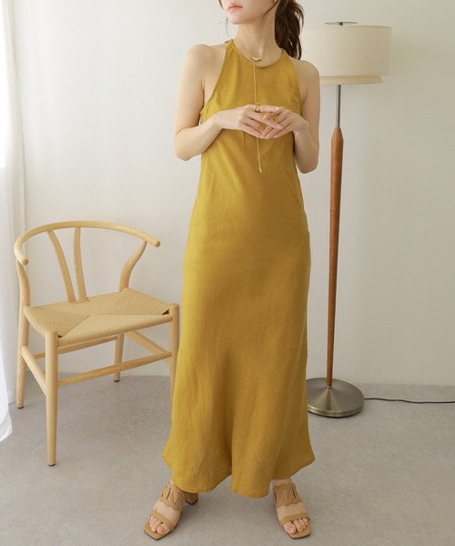 LAULEN(ローレン)の「linen american sleeve long dress /リネンナローアメリカンスリーブロングドレス(ワンピース・レディース・グリーン/イエロー・S/M)」の2枚目の写真