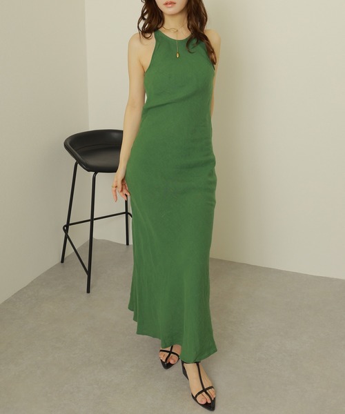 LAULEN(ローレン)の「linen american sleeve long dress /リネンナローアメリカンスリーブロングドレス(ワンピース・レディース・グリーン/イエロー・S/M)」の1枚目の写真