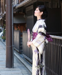和なでしこ(ワナデシコ)の綿麻浴衣3点セット「生成り地に青紫あやめと黒縦縞」(浴衣)
