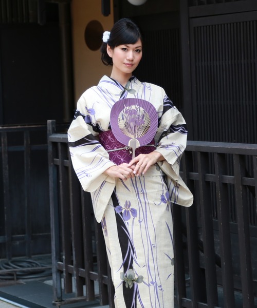綿麻浴衣3点セット「生成り地に青紫あやめと黒縦縞」（浴衣