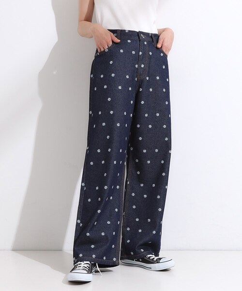 セール】【S-LL】周りと差がつく デイジー柄デニムワイドパンツ