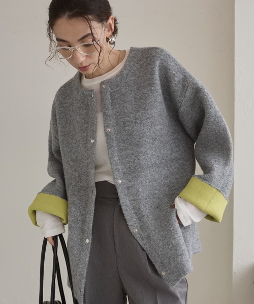 ANGIE（アンジー）の「ノーカラー 配色 ニットコート（カーディガン