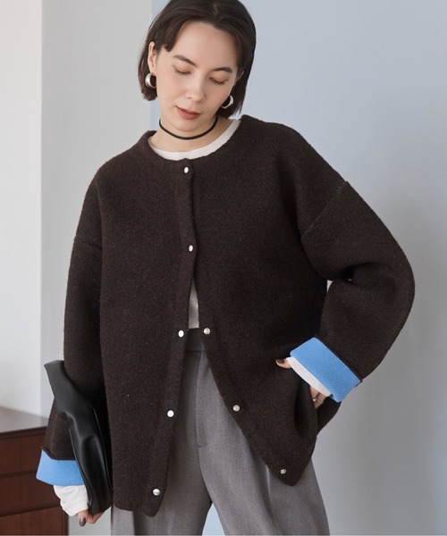 ANGIE（アンジー）の「ノーカラー 配色 ニットコート（カーディガン/ボレロ・レディース・ベージュ/ブラウン/杢グレー/チャコール/アイボリー/ライトグレー・FREE）」の5枚目の写真