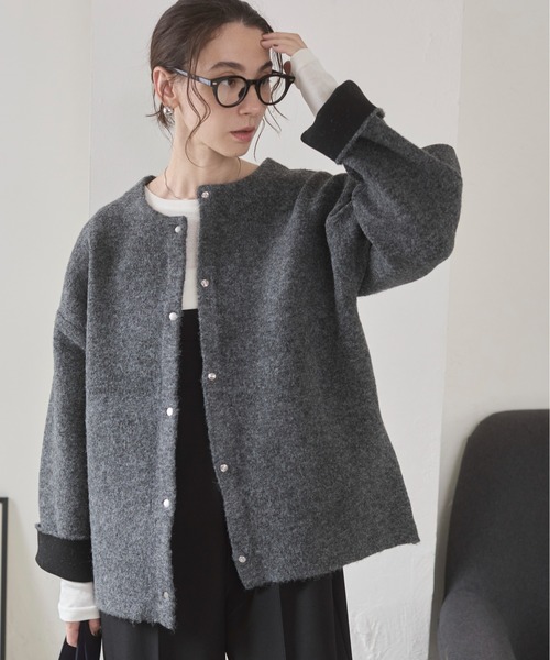 ANGIE（アンジー）の「ノーカラー 配色 ニットコート（カーディガン