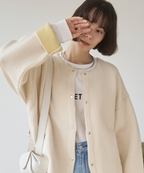 ANGIE（アンジー）の「ノーカラー 配色 ニットコート（カーディガン/ボレロ・レディース・ベージュ/ブラウン/杢グレー/チャコール/アイボリー/ライトグレー・FREE）」の2枚目の写真