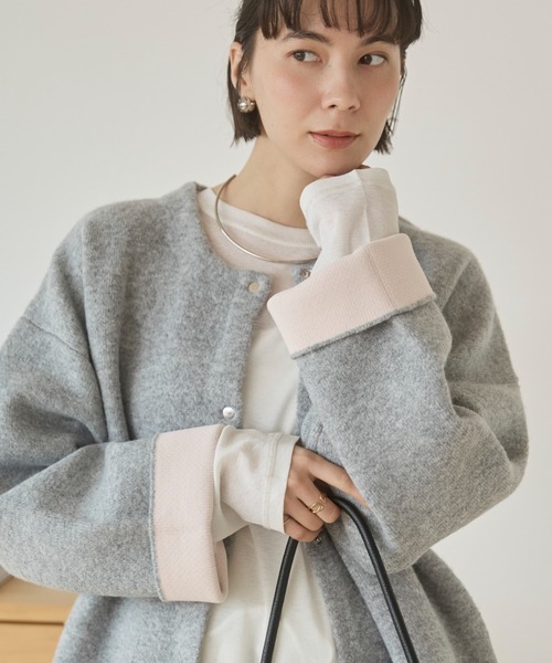 ANGIE（アンジー）の「ノーカラー 配色 ニットコート（カーディガン/ボレロ・レディース・ベージュ/ブラウン/杢グレー/チャコール/アイボリー/ライトグレー・FREE）」の3枚目の写真