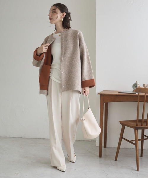 ANGIE（アンジー）の「ノーカラー 配色 ニットコート（カーディガン/ボレロ・レディース・ベージュ/ブラウン/杢グレー/チャコール/アイボリー/ライトグレー・FREE）」の7枚目の写真