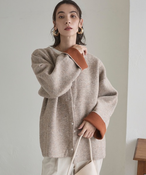 ANGIE（アンジー）の「ノーカラー 配色 ニットコート（カーディガン/ボレロ・レディース・ベージュ/ブラウン/杢グレー/チャコール/アイボリー/ライトグレー・FREE）」の12枚目の写真