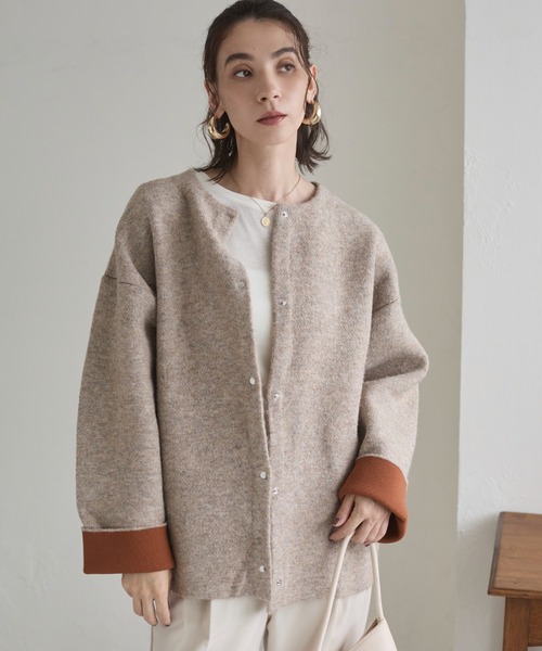 ANGIE（アンジー）の「ノーカラー 配色 ニットコート（カーディガン/ボレロ・レディース・ベージュ/ブラウン/杢グレー/チャコール/アイボリー/ライトグレー・FREE）」の11枚目の写真