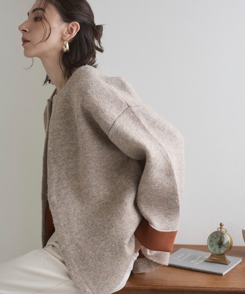 ANGIE（アンジー）の「ノーカラー 配色 ニットコート（カーディガン/ボレロ・レディース・ベージュ/ブラウン/杢グレー/チャコール/アイボリー/ライトグレー・FREE）」の10枚目の写真