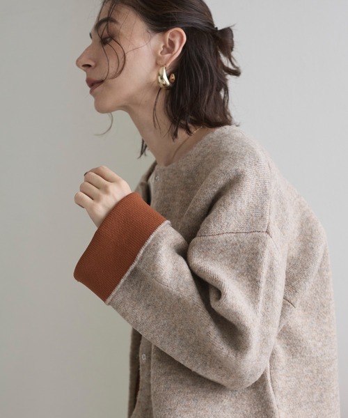 ANGIE（アンジー）の「ノーカラー 配色 ニットコート（カーディガン/ボレロ・レディース・ベージュ/ブラウン/杢グレー/チャコール/アイボリー/ライトグレー・FREE）」の8枚目の写真