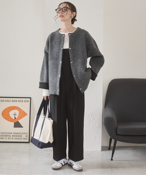 ANGIE（アンジー）の「ノーカラー 配色 ニットコート（カーディガン