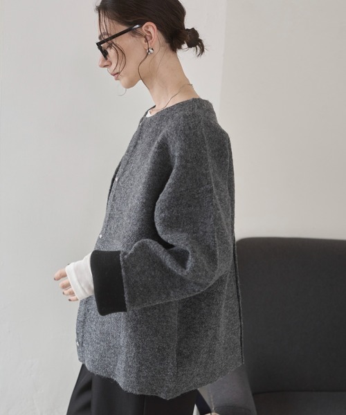 ノーカラー 配色 ニットコート（カーディガン/ボレロ）｜ANGIE