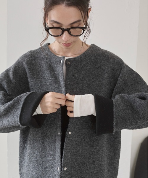 ANGIE（アンジー）の「ノーカラー 配色 ニットコート（カーディガン/ボレロ・レディース・ベージュ/ブラウン/杢グレー/チャコール/アイボリー/ライトグレー・FREE）」の21枚目の写真