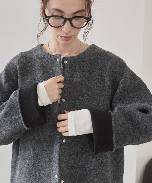 ANGIE（アンジー）の「ノーカラー 配色 ニットコート（カーディガン
