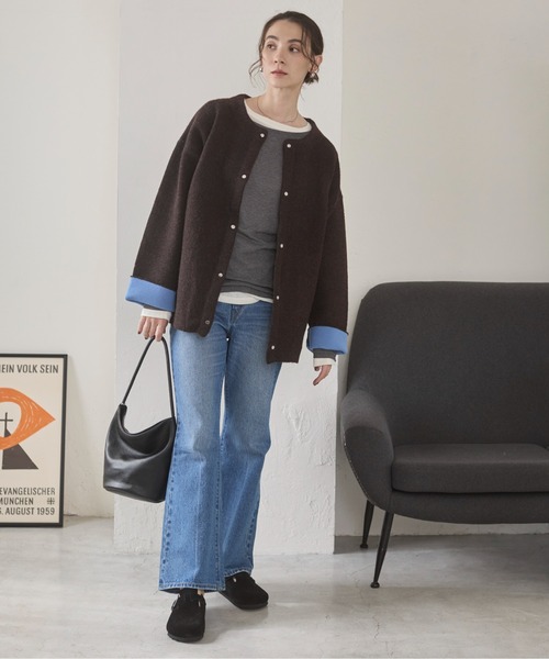 ANGIE（アンジー）の「ノーカラー 配色 ニットコート（カーディガン/ボレロ・レディース・ベージュ/ブラウン/杢グレー/チャコール/アイボリー/ライトグレー・FREE）」の13枚目の写真