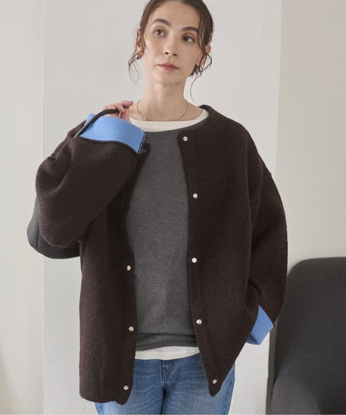 ANGIE（アンジー）の「ノーカラー 配色 ニットコート（カーディガン/ボレロ・レディース・ベージュ/ブラウン/杢グレー/チャコール/アイボリー/ライトグレー・FREE）」の18枚目の写真