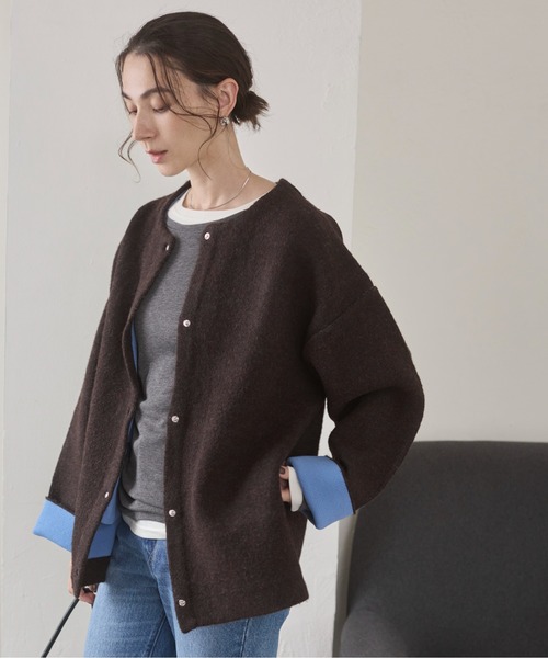 ANGIE（アンジー）の「ノーカラー 配色 ニットコート（カーディガン/ボレロ・レディース・ベージュ/ブラウン/杢グレー/チャコール/アイボリー/ライトグレー・FREE）」の17枚目の写真