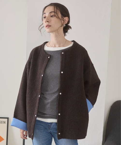 ANGIE（アンジー）の「ノーカラー 配色 ニットコート（カーディガン/ボレロ・レディース・ベージュ/ブラウン/杢グレー/チャコール/アイボリー/ライトグレー・FREE）」の16枚目の写真