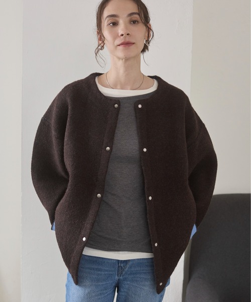 ANGIE（アンジー）の「ノーカラー 配色 ニットコート（カーディガン/ボレロ・レディース・ベージュ/ブラウン/杢グレー/チャコール/アイボリー/ライトグレー・FREE）」の15枚目の写真