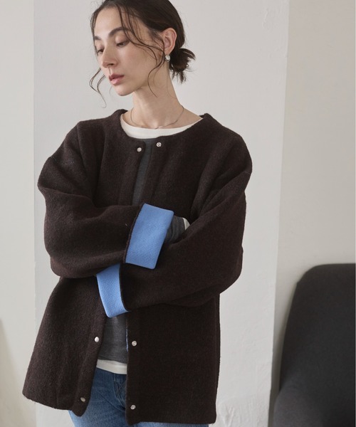 ANGIE（アンジー）の「ノーカラー 配色 ニットコート（カーディガン/ボレロ・レディース・ベージュ/ブラウン/杢グレー/チャコール/アイボリー/ライトグレー・FREE）」の14枚目の写真