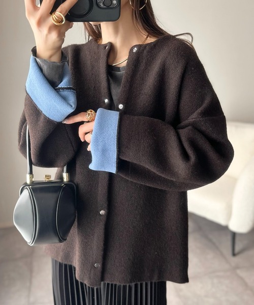 ノーカラー 配色 ニットコート（カーディガン/ボレロ）｜ANGIE