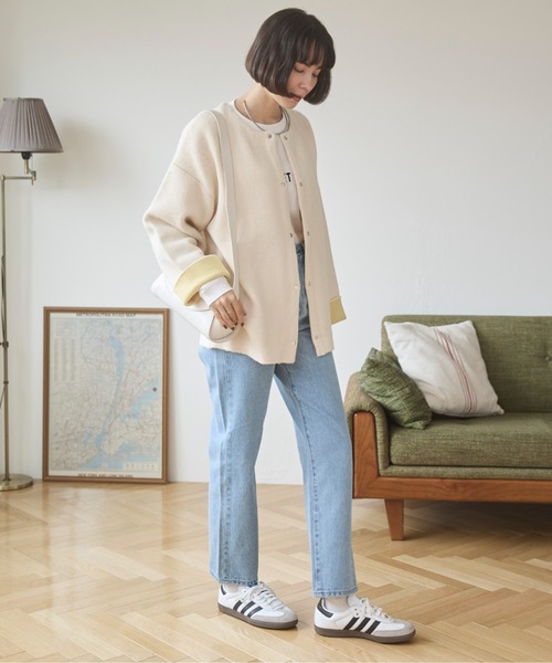 セール】ノーカラー 配色 ニットコート（カーディガン/ボレロ）｜ANGIE