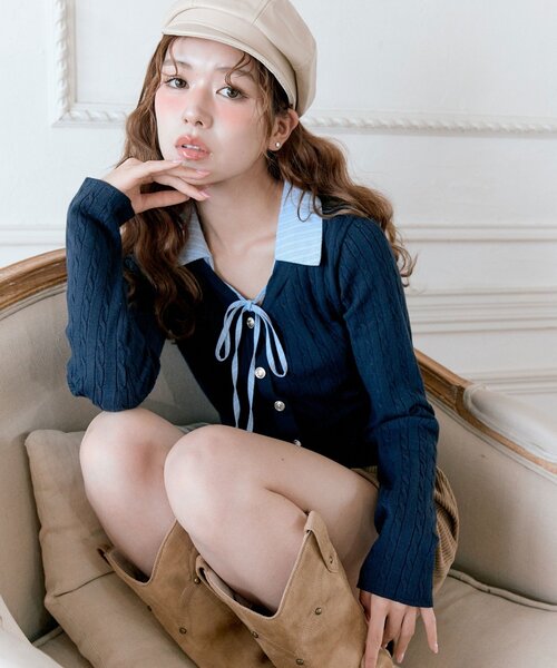 OLIVE des OLIVE（オリーブデオリーブ）の「【デイリーで着回し◎】ドッキングケーブルニット（ニット/セーター・レディース・ネイビー/モカ/オフホワイト/トップグレー・FREE）」の6枚目の写真