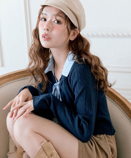 OLIVE des OLIVE（オリーブデオリーブ）の「【デイリーで着回し◎】ドッキングケーブルニット（ニット/セーター・レディース・ネイビー/モカ/オフホワイト/トップグレー・FREE）」の9枚目の写真