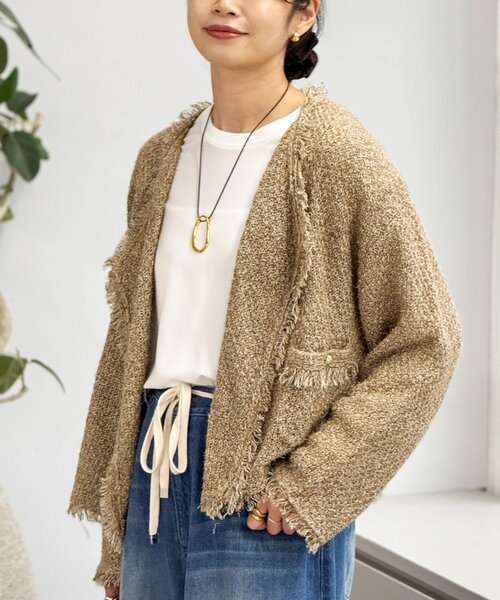 RIVE DROITE（リヴドロワ）の「【品のある着こなしに】リンクスツイードカーデ（カーディガン/ボレロ・レディース・ベージュ/ブラウン/グレー・FREE）」の2枚目の写真