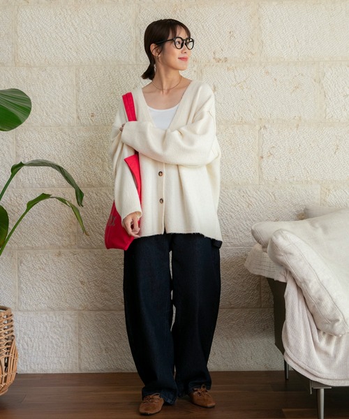 ウォッシャブル オーバーサイズ Vネックニットカーディガン / 静電気