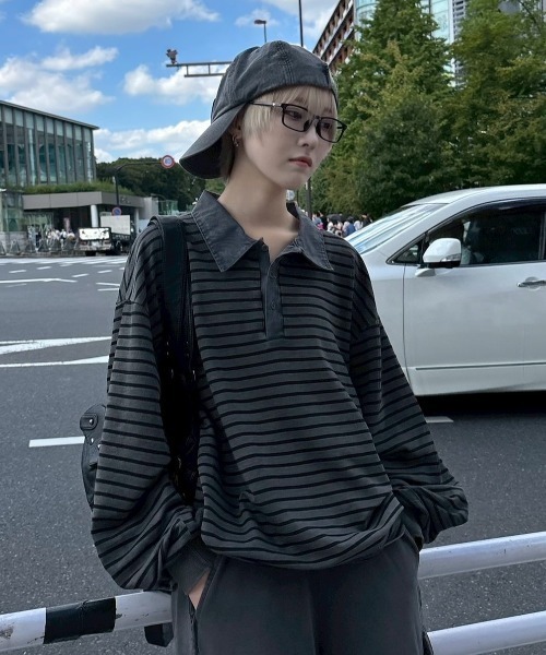 ブラックu0026ホワイト　ボーダー　襟付き　長袖　ポロシャツ　胸ロゴ　刺繍 ホームアイホーム ポロシャツ 長袖 メンズ 綿 100 ポロ ボーダー柄