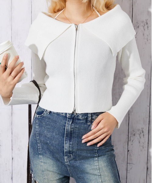 GORGE(ゴージ)の「《デカ衿×ホルターネック》レディース リブニット ジップカーデ ショート丈 秋冬春(ニット/セーター・レディース・ブラック/オフホワイト/チャコール・F)」の1枚目の写真