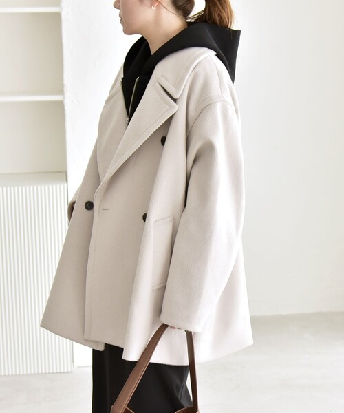 quaranciel: PURE WOOL ダブルブレスト テーラード ハーフ コート