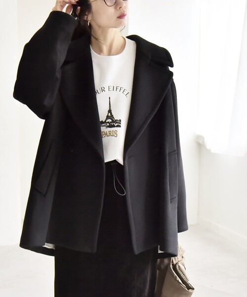 quaranciel: PURE WOOL ダブルブレスト テーラード ハーフ コート