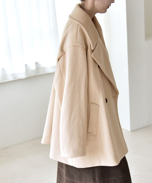 quaranciel(カランシエル)の「quaranciel: PURE WOOL ダブルブレスト テーラード ハーフ コート(ピーコート・レディース・ベージュ/ライトグレー/ブラック・ONE SIZE)」の7枚目の写真