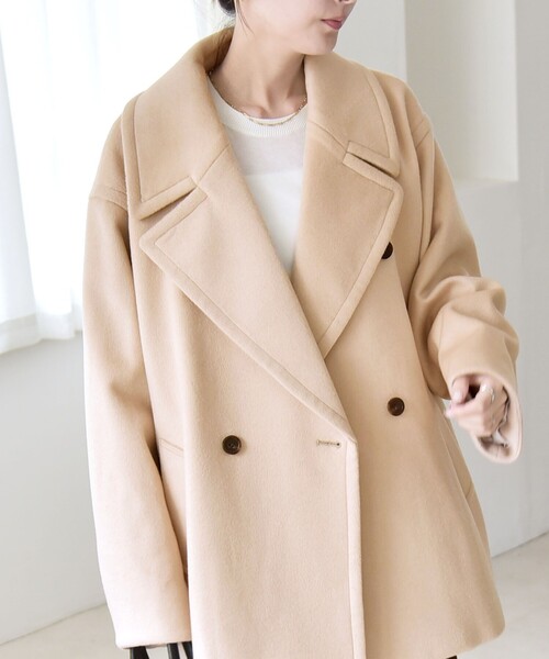 quaranciel(カランシエル)の「quaranciel: PURE WOOL ダブルブレスト テーラード ハーフ コート(ピーコート・レディース・ベージュ/ライトグレー/ブラック・ONE SIZE)」の11枚目の写真