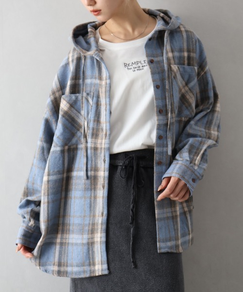 SpRay（スプレイ）の「起毛チェックフードＢＩＧシャツ（シャツ/ブラウス・レディース・ブルー/ブラック×ホワイト/ブラウン/ブラック・FREE）」の4枚目の写真