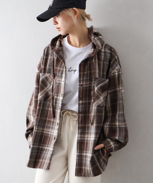 SpRay（スプレイ）の「起毛チェックフードＢＩＧシャツ（シャツ/ブラウス・レディース・ブルー/ブラック×ホワイト/ブラウン/ブラック・FREE）」の6枚目の写真