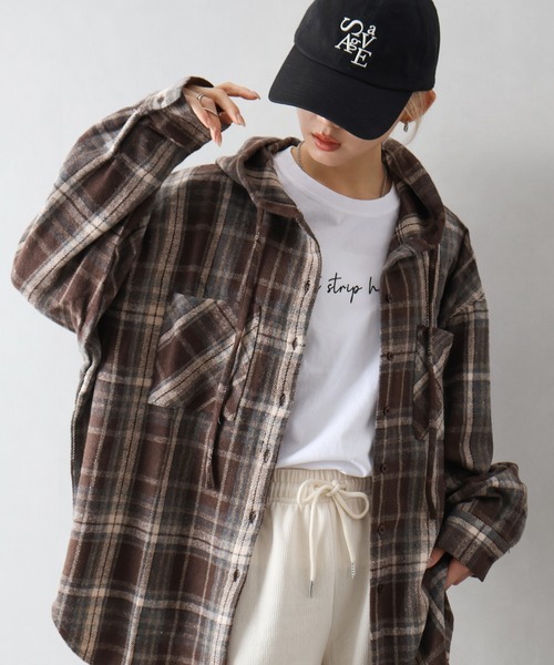 SpRay（スプレイ）の「起毛チェックフードＢＩＧシャツ（シャツ/ブラウス・レディース・ブルー/ブラック×ホワイト/ブラウン/ブラック・FREE）」の7枚目の写真