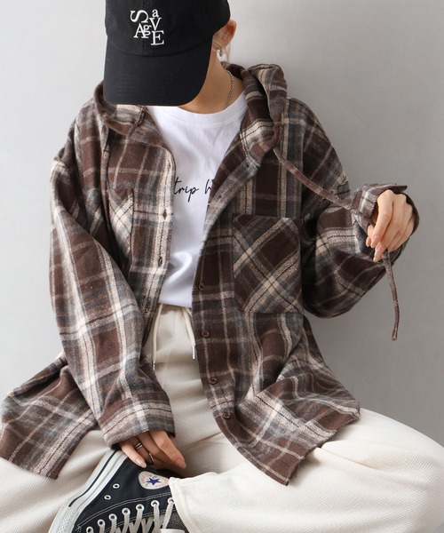 SpRay（スプレイ）の「起毛チェックフードＢＩＧシャツ（シャツ/ブラウス・レディース・ブルー/ブラック×ホワイト/ブラウン/ブラック・FREE）」の8枚目の写真